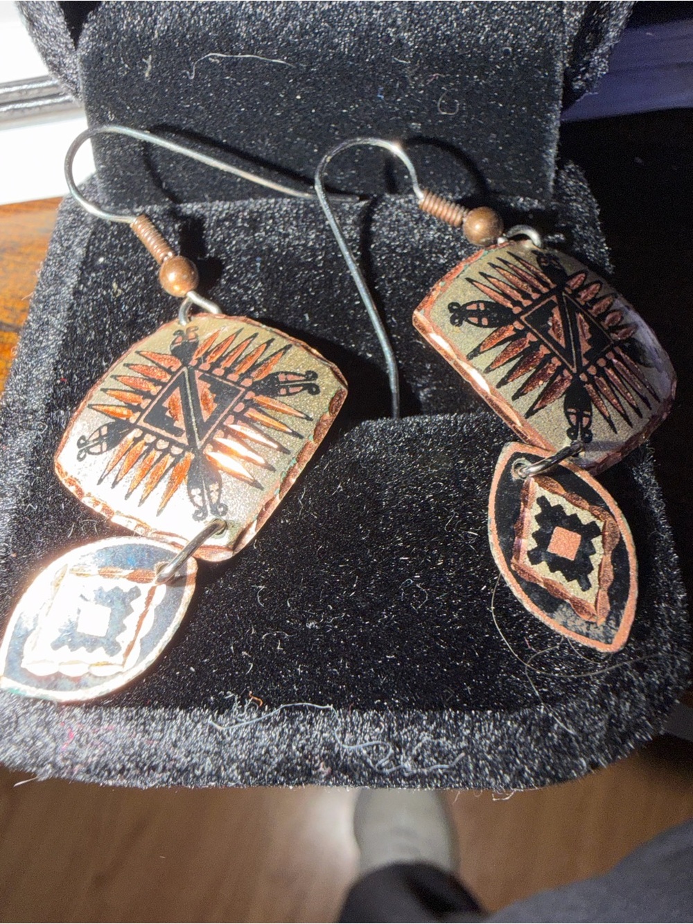 Handcrafted Copper-Tone Geometric Drop Earrings in Green and Copper